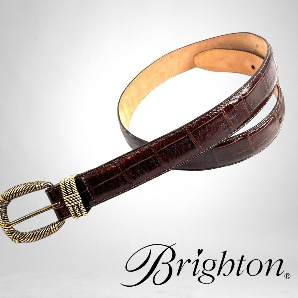 Brighton 50108 Brown Leather Faux Alligator Belt with Gold Buckle Size L